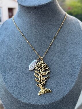 Gold Fishbone Pendant Necklace with Pearl Accent Fish Necklace